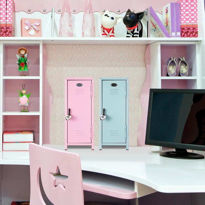 Vercraft 2 Pcs Mini Metal Locker Storage with Lock and 2 Keys 10.8 Inch Small Money Security and Cash Safe Box for Jewelry Back to School Home Office Desktop Container(Pink Teal) - Image 2